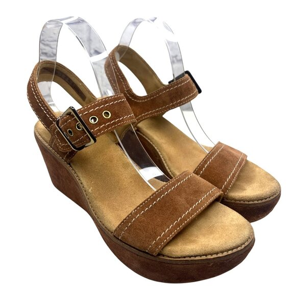 Clarks Artisian Sandals Ladies Size 8.5W Brown Suede Platform Chunky Wedge Aisle - Picture 9 of 10